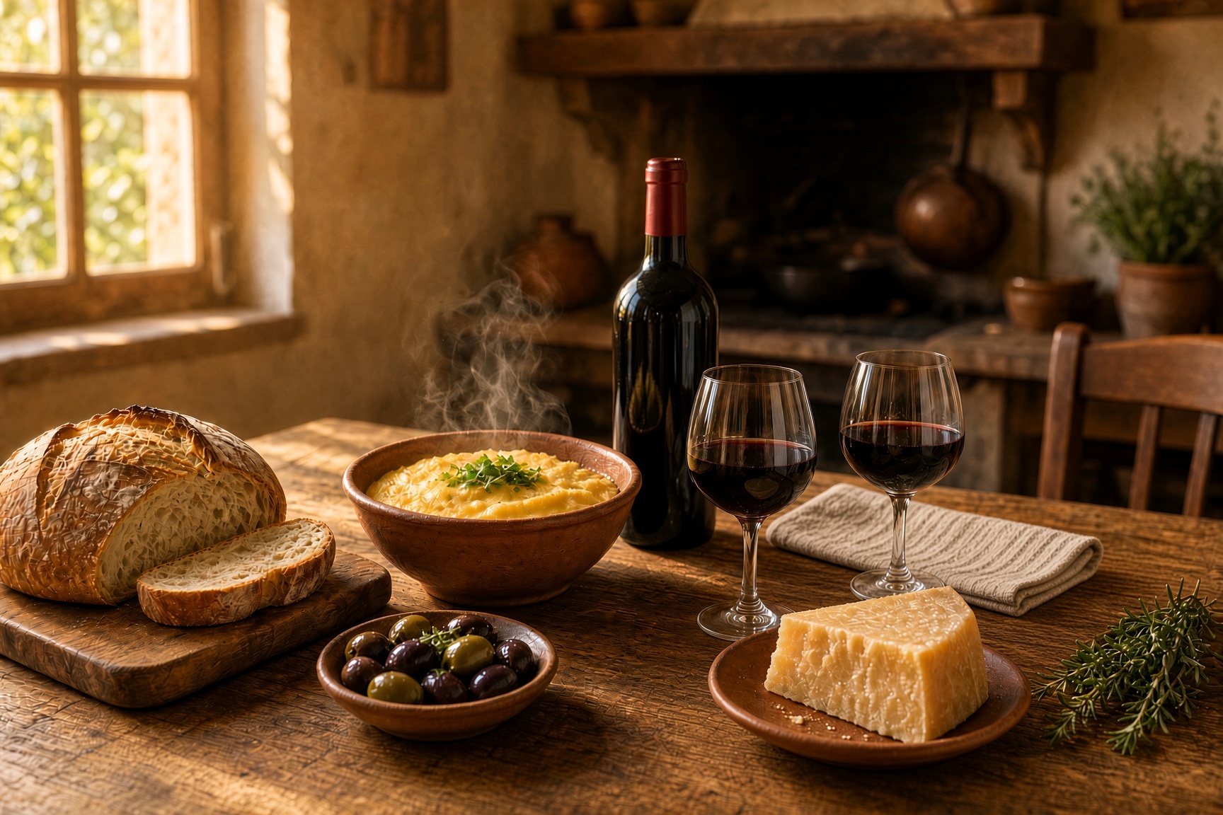 An Italian table set with bread, wine, cheese, and a warm pot of food